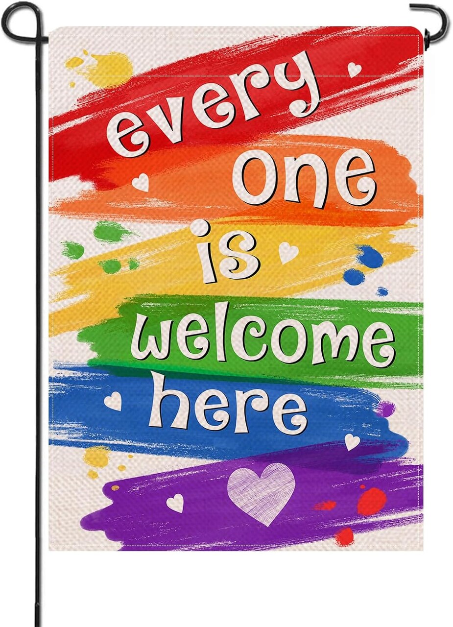 Pride Rainbow Every One is Welcome Here Small Decorative Garden Flag, LGBTQ Gay Lesbian Yard Lawn Outside Decor, LGBT Bisexual Pansexual Burlap Outdoor Home Decoration Double Sided 12 x 18